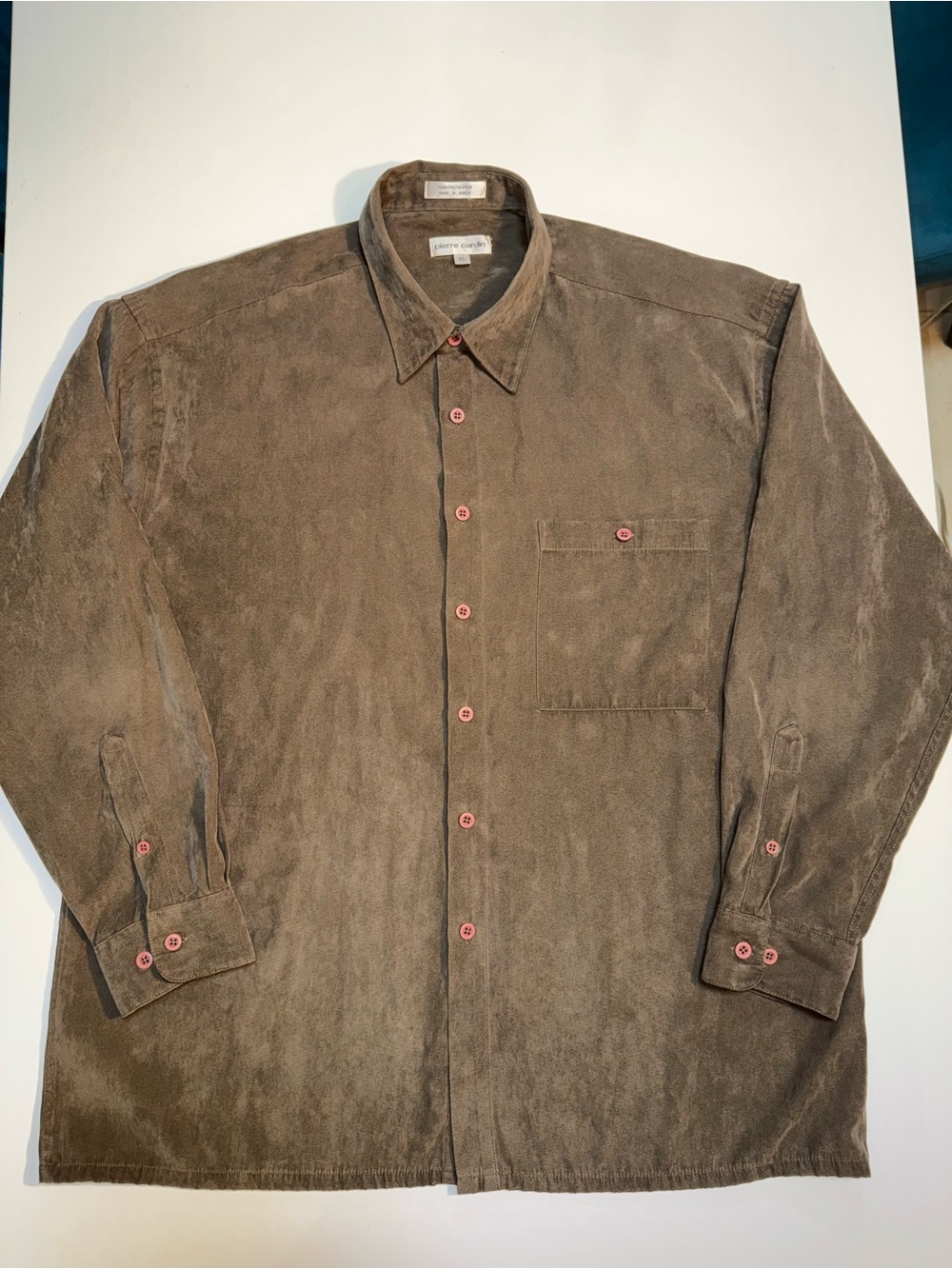 Pierre Cardin Men’s Brown Velvet Button-Up Shirt, Point Collar, Pockets, XL